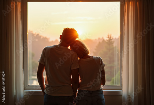 The couple looks out the window at the sunset