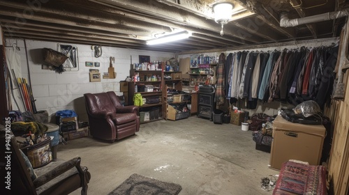 A cluttered basement with a brown leather recliner, shelves, and clothes hanging on a rack. The room is dusty with a concrete floor and exposed ceiling.