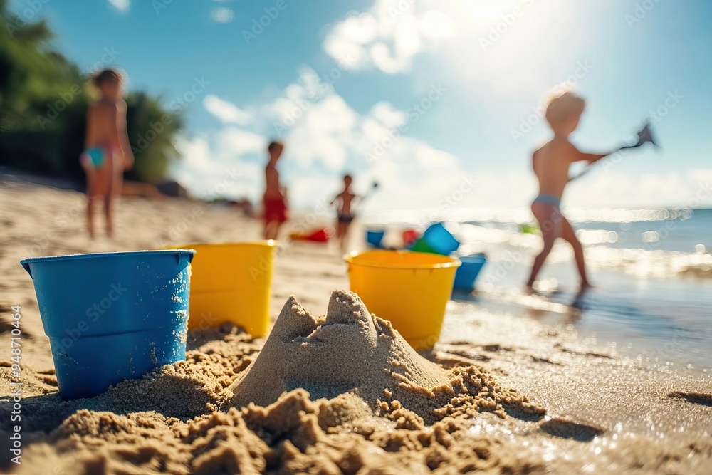 A vibrant beach scene with colorful buckets and a sandcastle, capturing the essence of summer fun and childhood joy. A vibrant beach scene with colorful buckets and a sandcastle, capturing the essence of summer fun and childhood joy.