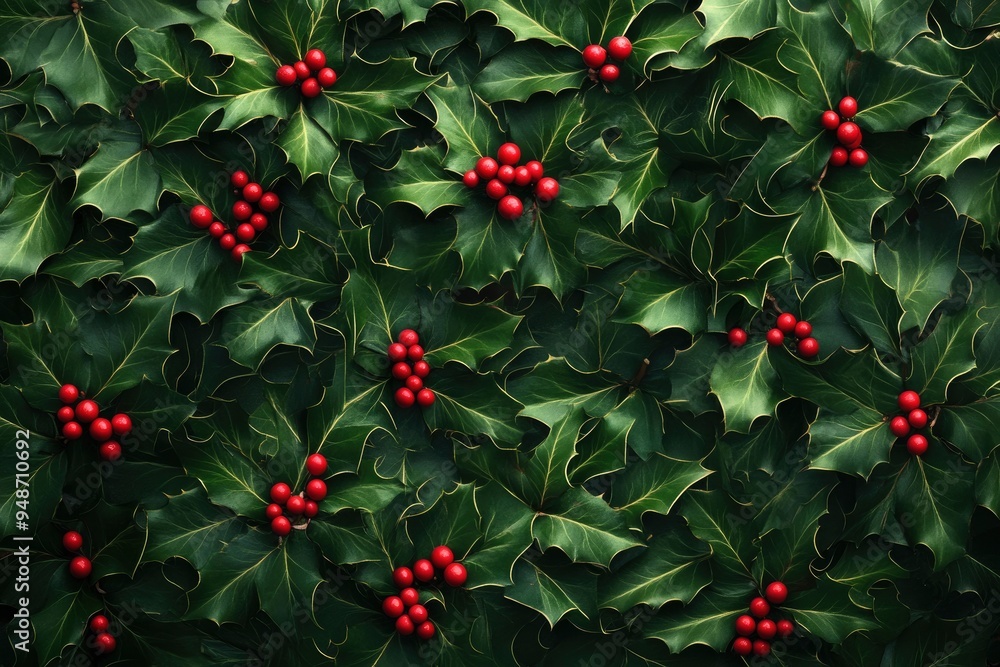 Obraz premium Christmas holly background with red berries, perfect for holiday season decorations and festive designs with generative ai
