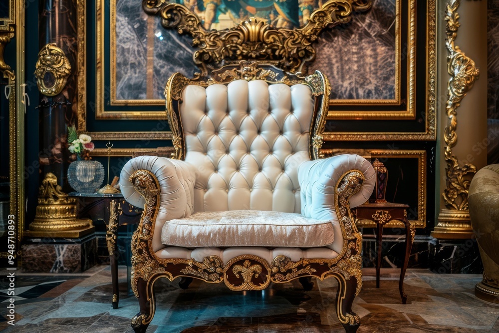 An elegant gold and white couch adorned with ornate details, perfect for enhancing the sophistication of a room, Luxurious seat fit for a king or queen, Ai generated An elegant gold and white couch adorned with ornate details, perfect for enhancing the sophistication of a room, Luxurious seat fit for a king or queen, Ai generated