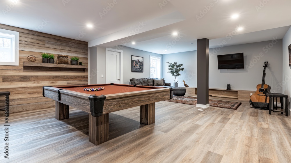 A modern basement with a pool table, wood flooring, and a guitar. A modern basement with a pool table, wood flooring, and a guitar.