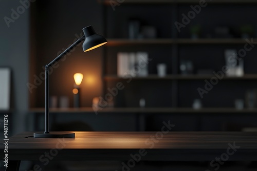 close-up image, Modern stylish dark workspace tabletop with table lamp, decor and copy space for display your product mockup over blurred modern dark office background. with generative ai photo