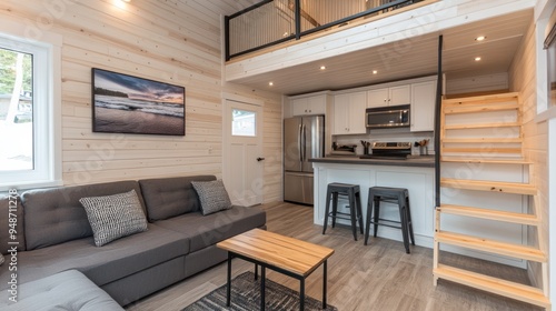 Wallpaper Mural Modern loft apartment with wooden floors, grey sectional sofa and a kitchen with stainless steel appliances. Torontodigital.ca