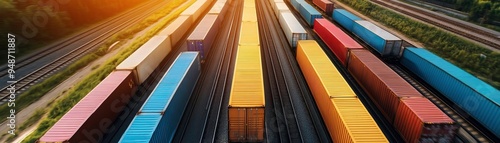 Aerial view of colorful freight trains lined up on railway tracks during sunset, showcasing vibrant cargo containers and industrial scenery. photo