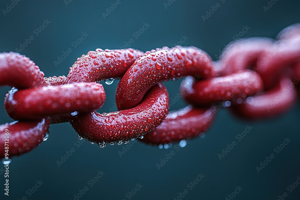 A red chain with water droplets on it A red chain with water droplets on it