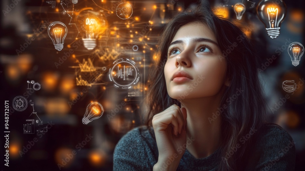 A young woman looking up thoughtfully, surrounded by floating icons of light bulbs, gears, and graphs, symbolizing the flow of ideas and problem-solving. A young woman looking up thoughtfully, surrounded by floating icons of light bulbs, gears, and graphs, symbolizing the flow of ideas and problem-solving.