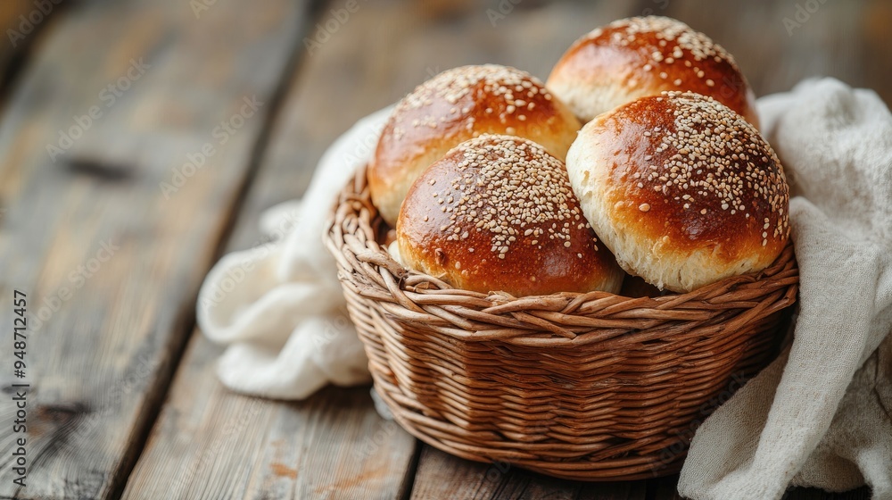 Freshly baked sesame seed buns in basket. This image is perfect for promoting bakery products, showcasing delicious bread, or creating a warm and inviting atmosphere. Freshly baked sesame seed buns in basket. This image is perfect for promoting bakery products, showcasing delicious bread, or creating a warm and inviting atmosphere.