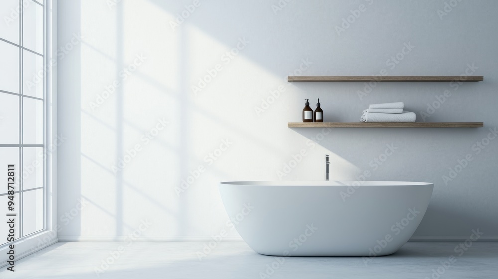 Minimalist bathroom interior with a white bathtub, wood shelf, towels, and bottles. Minimalist bathroom interior with a white bathtub, wood shelf, towels, and bottles.