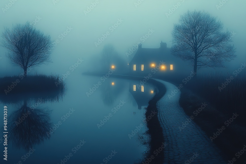 Fototapeta premium A foggy night with a house and a pond in the background