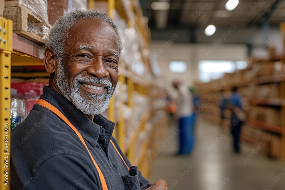 Senior black man smiling in warehouse, volunteer at work Senior black man smiling in warehouse, volunteer at work
