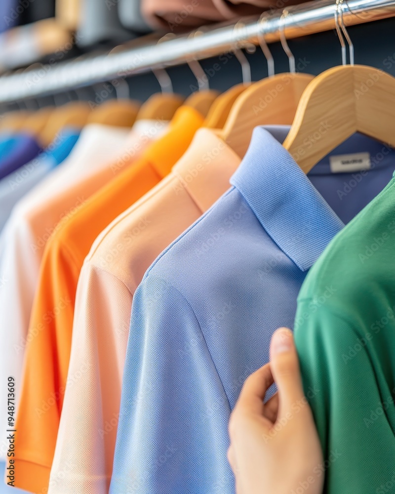 Obraz premium A vibrant display of colorful polo shirts hanging in a retail shop, showcasing a variety of stylish options for casual wear.