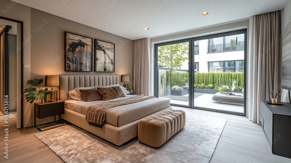 Modern bedroom with large window overlooking a lush courtyard. Modern bedroom with large window overlooking a lush courtyard.
