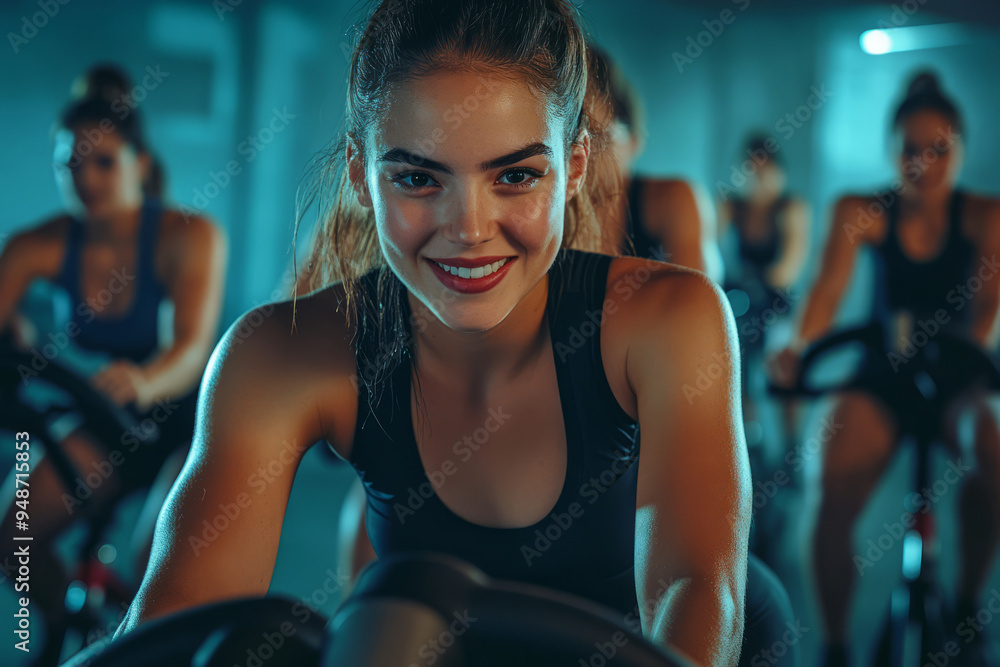 Woman leads an indoor cycling class at a gym. Group workout setting Woman leads an indoor cycling class at a gym. Group workout setting