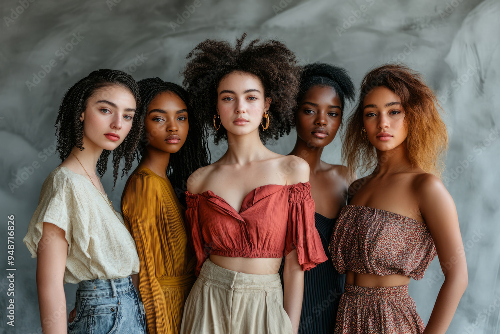 Group of women standing together in stylish, modern outfits Group of women standing together in stylish, modern outfits