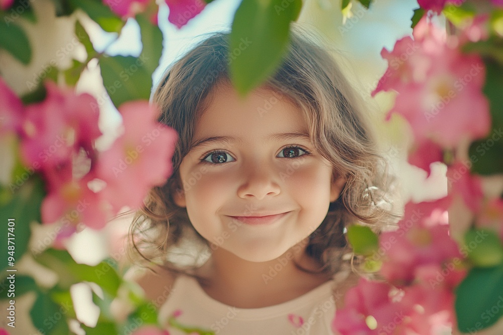 Fototapeta premium Joyful Child Surrounded by Vibrant Flowers: Capturing Innocence and Nature's Beauty