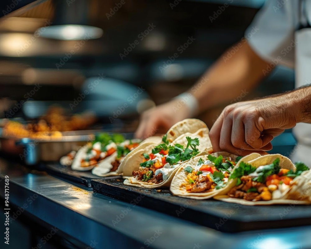 A chef prepares delicious tacos with fresh ingredients, showcasing culinary skill and vibrant flavors in a professional kitchen. A chef prepares delicious tacos with fresh ingredients, showcasing culinary skill and vibrant flavors in a professional kitchen.