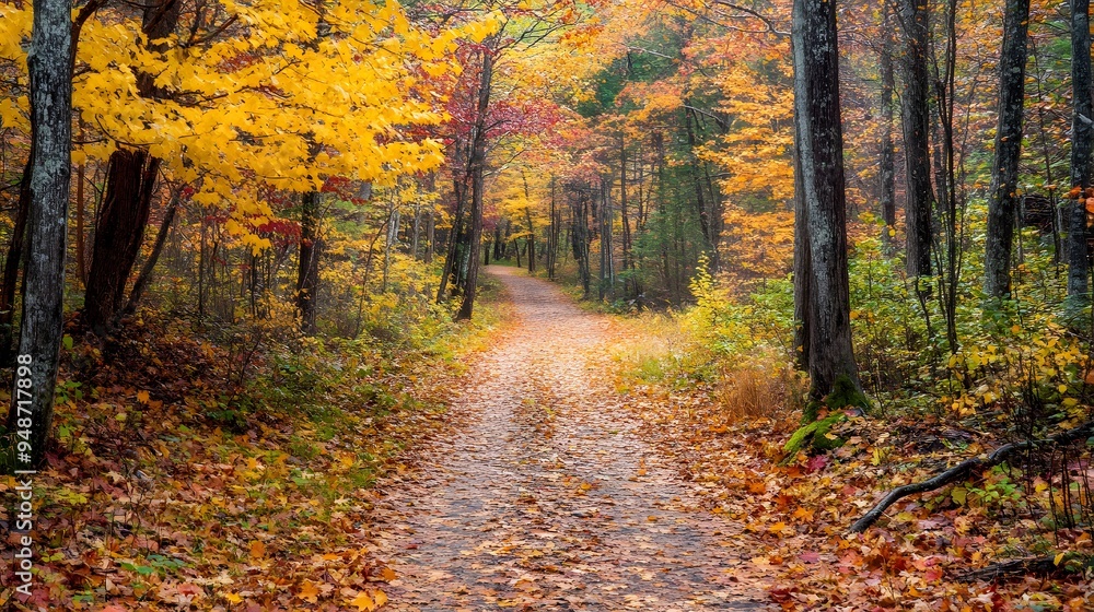 A hiker's perspective of a trail surrounded by autumn foliage where the rich colors of the leaves create a warm and vibrant scene and the peacefulness of the forest provides a perfect escape A hiker's perspective of a trail surrounded by autumn foliage where the rich colors of the leaves create a warm and vibrant scene and the peacefulness of the forest provides a perfect escape