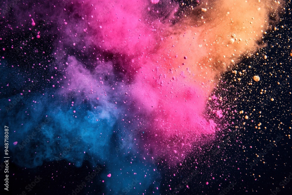 Fototapeta premium Color powder splash rainbow background paint holi smoke colour . Powder color splash explosion dust ink burst splatter white texture isolated black spray party blue wallpaper with generative ai