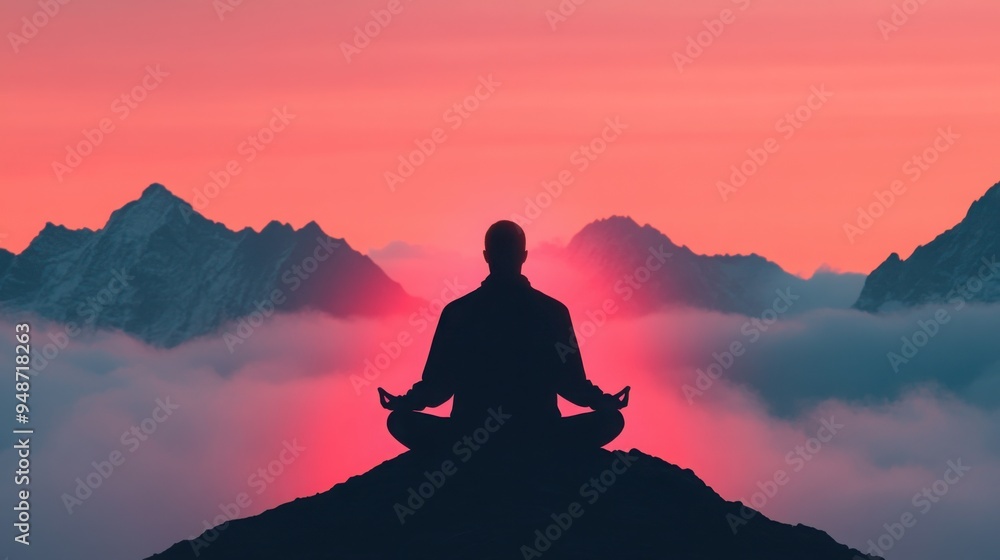A solitary figure sitting cross-legged on a mountain peak, surrounded by dark clouds, with a small light of mindfulness radiating from their core. A solitary figure sitting cross-legged on a mountain peak, surrounded by dark clouds, with a small light of mindfulness radiating from their core.