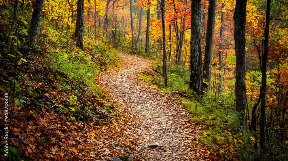 A hiker's perspective of a trail surrounded by autumn foliage where the rich colors of the leaves create a warm and vibrant scene and the peacefulness of the forest provides a perfect escape A hiker's perspective of a trail surrounded by autumn foliage where the rich colors of the leaves create a warm and vibrant scene and the peacefulness of the forest provides a perfect escape