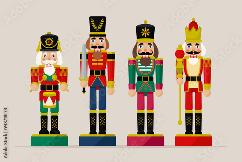 Set of Christmas Nutcracker toys soldier traditional figurine. Flat Vector illustration with glittering elements