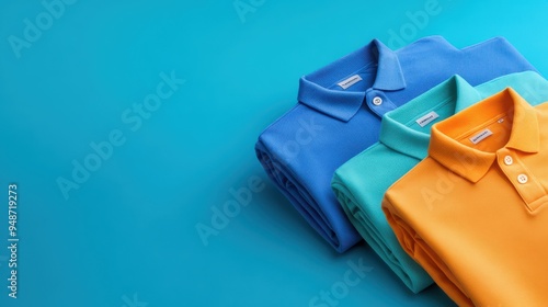 Colorful polo shirts neatly folded on a bright blue background, ideal for showcasing casual fashion and vibrant style.