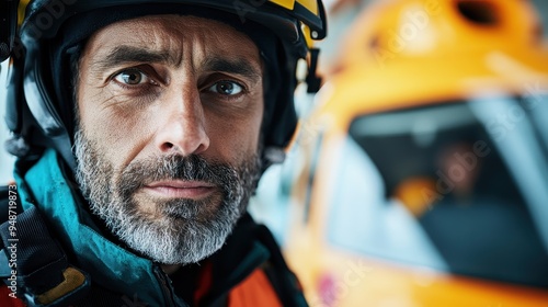 A close-up of a rescue professional with a focused expression, wearing a helmet and uniform, with an orange rescue helicopter in the background ready for an emergency. photo