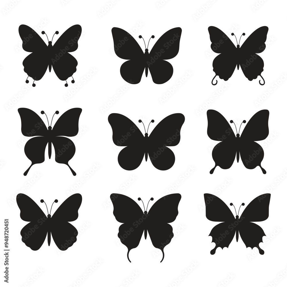 set of butterfly silhouettes isolated on a white background set of butterfly silhouettes isolated on a white background