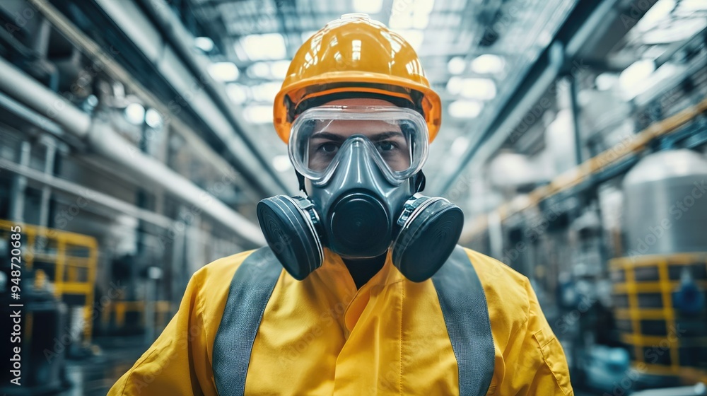 Worker in a gas mask, looking at camera. Illustrates safety precautions in industrial settings. Worker in a gas mask, looking at camera. Illustrates safety precautions in industrial settings.