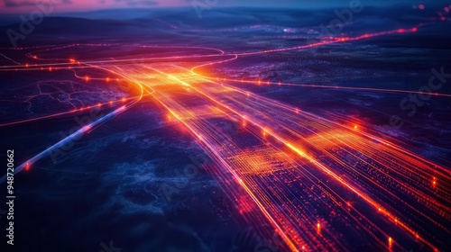 Aerial view of illuminated highways at dusk, showcasing dynamic light trails and a vibrant color palette of orange and blue.