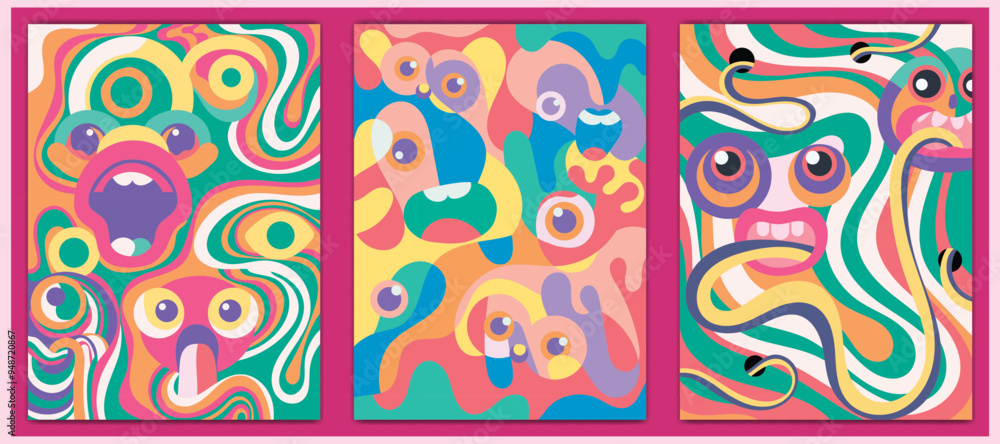 Psychedelic abstract pop art design featuring expressive, colorful faces and swirling lines. Perfect for creative projects, modern art displays, and vibrant product packaging. Vector illustration Psychedelic abstract pop art design featuring expressive, colorful faces and swirling lines. Perfect for creative projects, modern art displays, and vibrant product packaging. Vector illustration