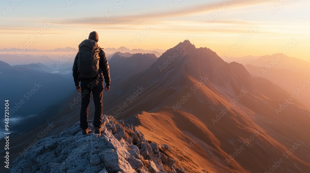 A breathtaking view of a lone hiker standing on a mountain summit at sunrise, with vast and rugged mountain ranges extending into the horizon. Perfect for adventure seekers. A breathtaking view of a lone hiker standing on a mountain summit at sunrise, with vast and rugged mountain ranges extending into the horizon. Perfect for adventure seekers.