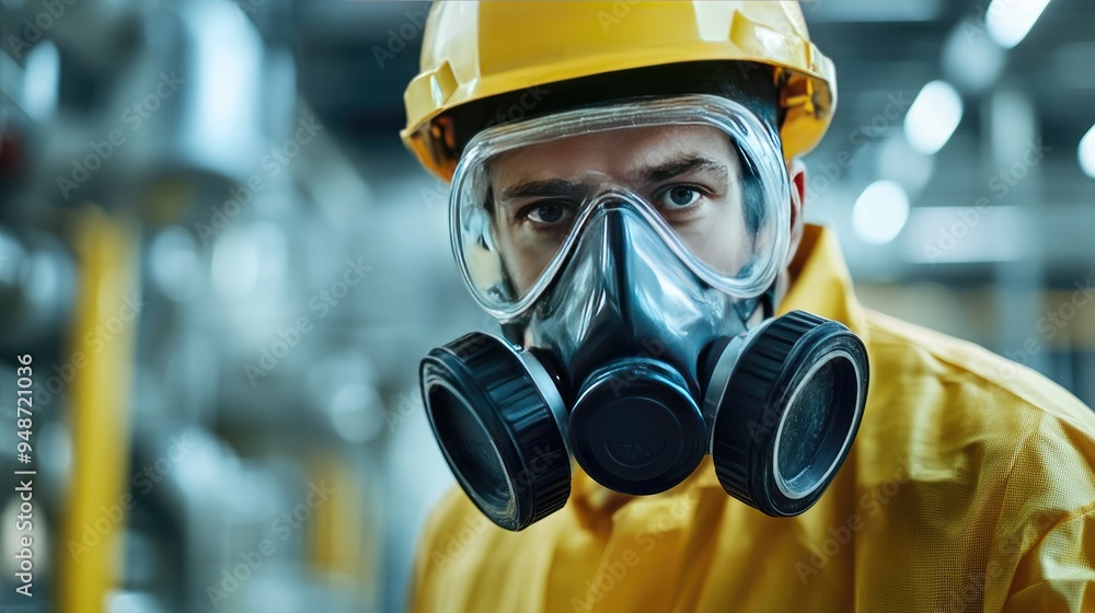 Close-up of worker wearing a respirator. This photo is perfect for illustrating the importance of safety in industrial settings. Close-up of worker wearing a respirator. This photo is perfect for illustrating the importance of safety in industrial settings.