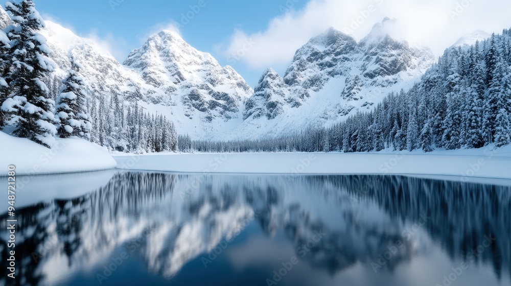 Snow-covered mountains tower over a calm, reflective lake surrounded by snow-laden trees, creating a peaceful and awe-inspiring winter landscape with crystal-clear reflections. Snow-covered mountains tower over a calm, reflective lake surrounded by snow-laden trees, creating a peaceful and awe-inspiring winter landscape with crystal-clear reflections.