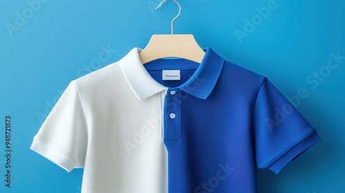 Stylish polo shirt in white and blue colors, hanging against a vibrant blue background for a modern fashion look.