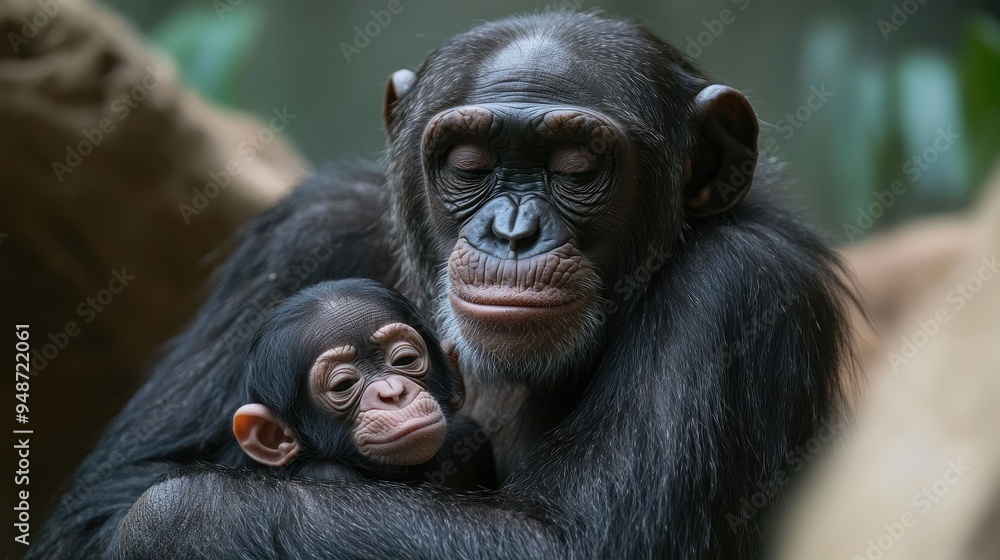 A mother chimpanzee cradles her baby. This photo depicts the strong bond and nurturing nature of chimpanzee mothers. A mother chimpanzee cradles her baby. This photo depicts the strong bond and nurturing nature of chimpanzee mothers.