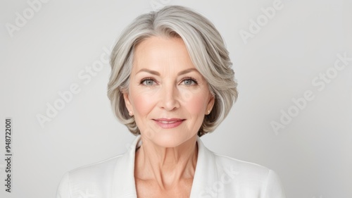 Mature woman in her 50s, portrait, healthy skin, white background 