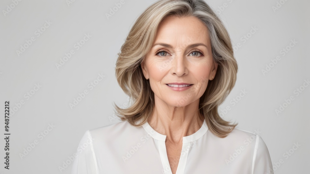 Mid-aged woman with radiant skin, looking at camera, white background Mid-aged woman with radiant skin, looking at camera, white background