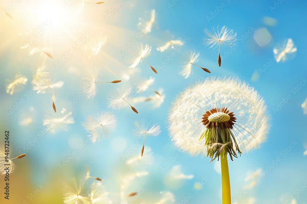 Dandelion Seeds Blowing In The Wind With Blue Sky And Sunlight - Make A Wish Concept with generative ai Dandelion Seeds Blowing In The Wind With Blue Sky And Sunlight - Make A Wish Concept with generative ai
