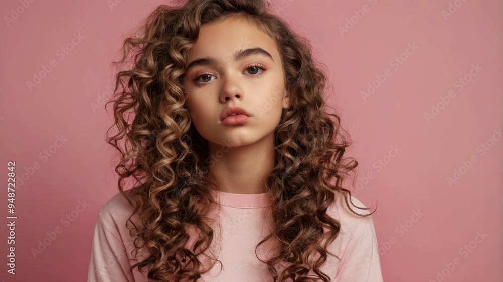 Model teen girl pouting, curly hair touch, pink background Model teen girl pouting, curly hair touch, pink background