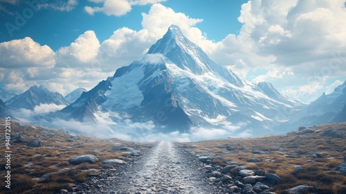 a winding path towards a stunning mountain top, conveying the idea of a challenging adventure