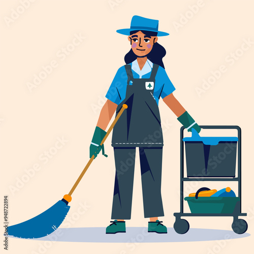 Illustration of a Female Janitor with Cleaning Equipment