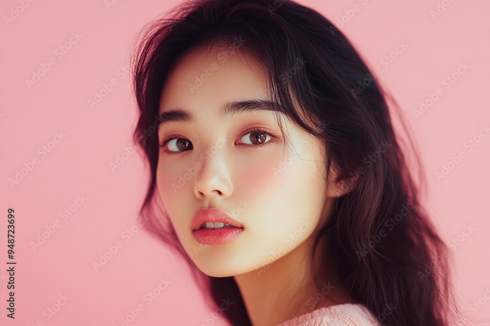 Light beauty portrait of a young Asian woman shot against a pink background generative ai Light beauty portrait of a young Asian woman shot against a pink background generative ai