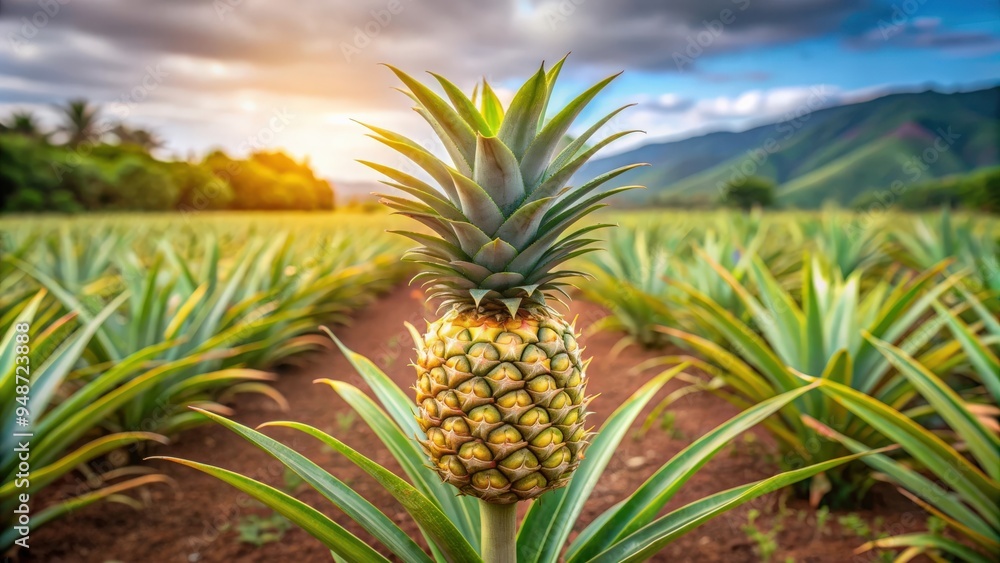 Pineapple growing in a lush farm field, tropical, agriculture, plant, fruit, growth, farming, plantation, green Pineapple growing in a lush farm field, tropical, agriculture, plant, fruit, growth, farming, plantation, green
