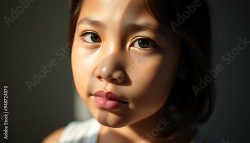 Close-up portrait of a young girl with dark hair and brown eyes looking at the camera. The light is hitting her face from the side, creating a shadow on her face.