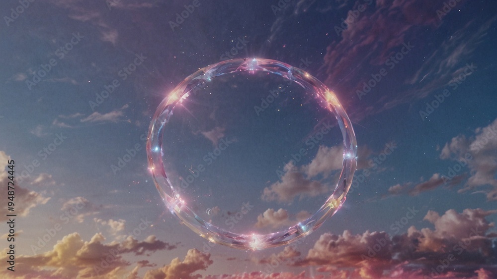 Fantasy scene of shining transparent circle portal made of energy, surrounded by dreamy cloudscape Fantasy scene of shining transparent circle portal made of energy, surrounded by dreamy cloudscape
