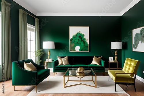 Modern living room with emerald green wall, sunlight shadow.