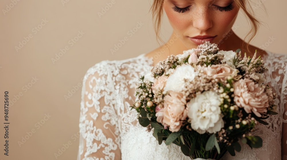 A beautiful bride wearing a lace wedding dress, holding a stunning bouquet of flowers. The image captures the love, joy, and elegance synonymous with weddings. A beautiful bride wearing a lace wedding dress, holding a stunning bouquet of flowers. The image captures the love, joy, and elegance synonymous with weddings.