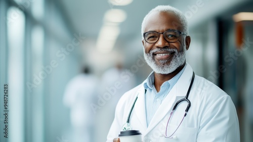 A friendly and approachable male doctor with glasses and a white coat, holding a coffee cup, is smiling and standing relaxed in a modern hospital corridor.